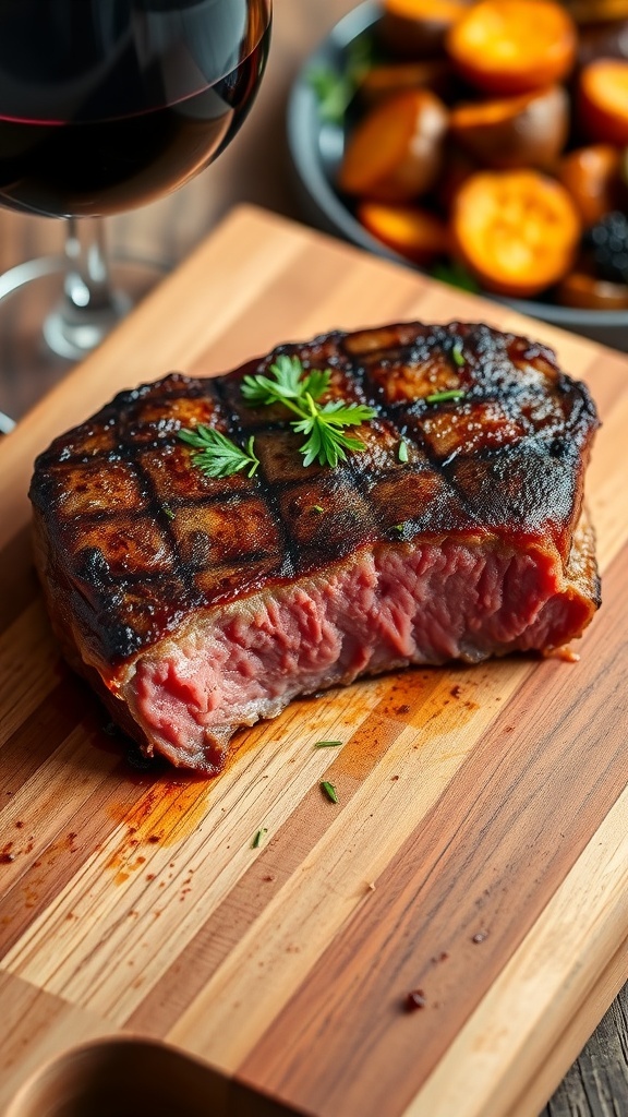 A juicy 1-inch steak garnished with herbs on a cutting board, with roasted vegetables and wine in the background.